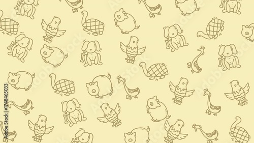 Doodle animal pattern with dog, pig, bird, turtle, and goose. Perfect for childrens products, textiles, stationery, and packaging design.