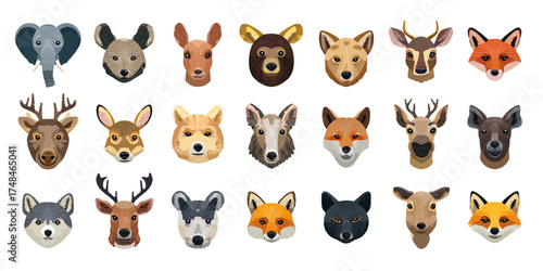 A colorful illustration featuring a collection of various pixelated animal head portraits, each facing forward