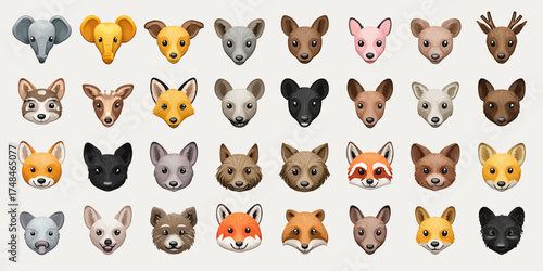 A set of vibrant, cartoonish animal faces with varying fur colors and designs