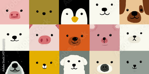 A grid of cartoon animal faces with simple, minimalistic features arranged in various colorful blocks