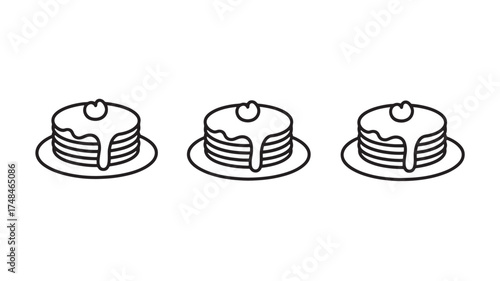 Three delicious stacks of pancakes with syrup and a berry topping