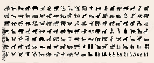 A collection of stylized animal figures, sketched with varying poses and detailing, in a uniform monochrome style