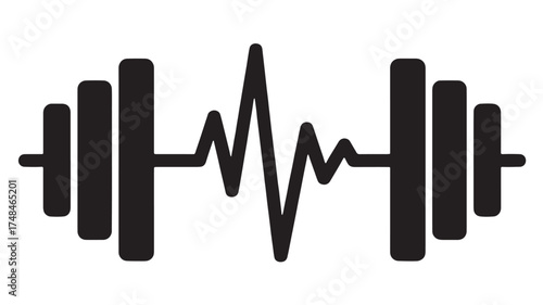 Barbell silhouette overlaid with a dynamic heart rate line symbolizing fitness and health