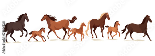 A horizontal illustration of horses and foals running left to right with pixelated art style