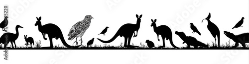 Silhouette depictions of various animals, birds, and reptiles, arranged on grassy ground