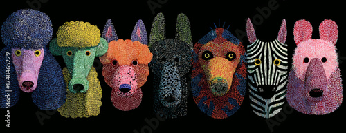 A collection of seven stylized animal portraits, each rendered with detailed, textured brushstrokes against black