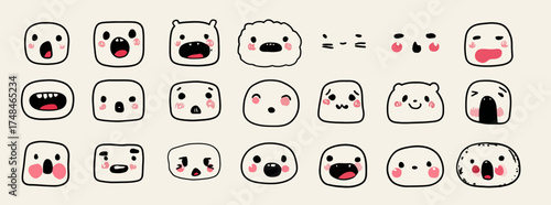 An assortment of various square and circular faces with different expressions, blush, and simple black outlines