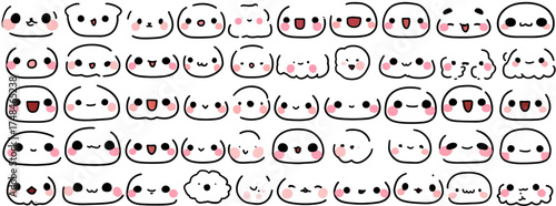 An array of stylized, smiling faces with various expressions, blush, and simple black outlines on a white background