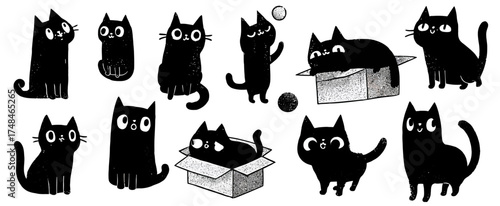 A collection of playful black cats, illustrated with a textured style and big eyes
