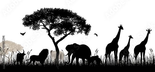 A monochrome image featuring African savanna elements including animals, trees and grassy areas in silhouettes