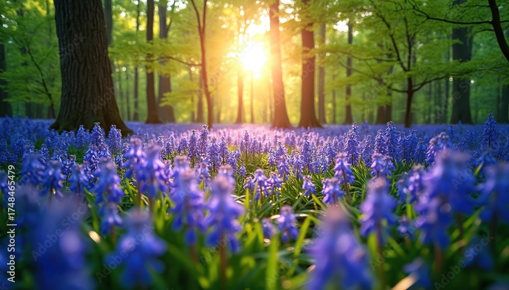 Obraz premium Sunlight streams through forest trees onto a field of vibrant bluebell flowers. Lush green foliage surrounds the blooming plants in a tranquil natural setting.
