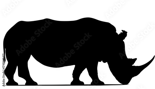 A silhouette of a large, four-legged mammal with a prominent horn stands on white background