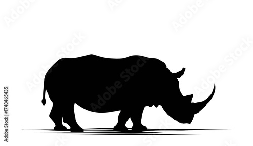 A striking black silhouette of a rhino stands, showcasing its horn and sturdy form against white