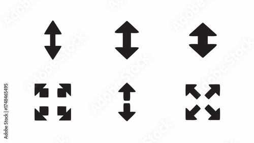 A collection of six black arrow icons indicating expansion and contraction on a white background design vector | editable eps vectors silhouette