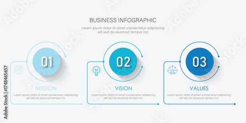 Mission, Vision, and Values ​​of company with text. Company infographic Banner template. Modern flat icon design. Abstract icon. Purpose business concept.