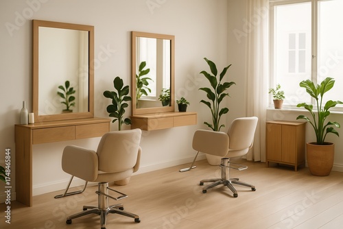 Fototapeta Naklejka Na Ścianę i Meble -  Bright salon space with modern styling stations featuring wooden vanities, mirrors, and swivel chairs.
