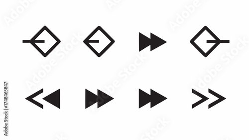 A set of eight black arrow icons pointing in different directions on a white background in a vector format | editable eps vectors silhouette