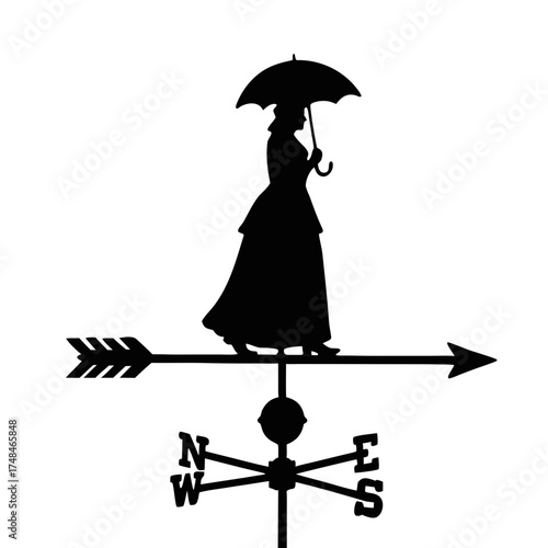 Woman holding umbrella on weather vane silhouette in black color, transparent background, isolated, vector