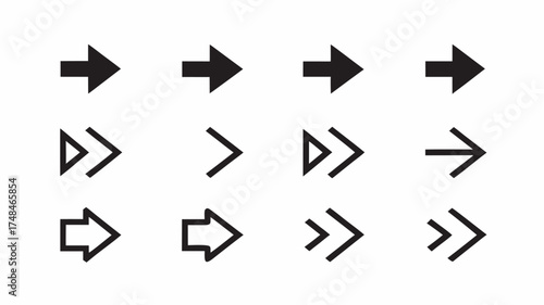 Collection of twelve different arrow icons pointing to the right in various styles and orientations shown here | editable eps vectors silhouette