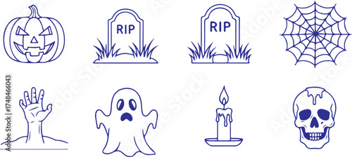 Collection of halloween icons including a jackolantern, tombstones, spider web, zombie hand, ghost, skull, candle, cauldron,  isolated on transparent background