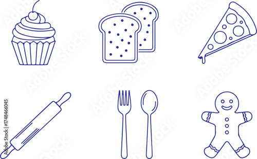 Assortment of baking and food icons featuring a cupcake, sliced bread, pizza slice, rolling pin, fork, spoon, and gingerbread man, isolated on transparent background