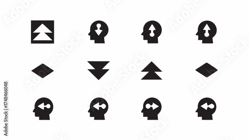 Illustration showing arrows inside heads and geometric shapes in a grid format on a white background | editable eps vectors silhouette