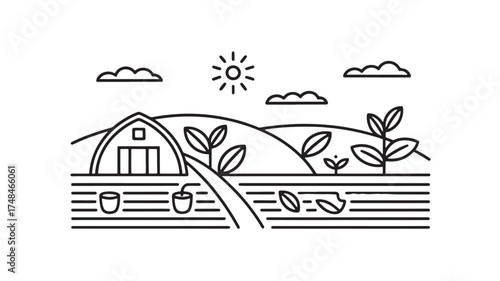 Organic farm with barn and growing plants under a sunny sky.