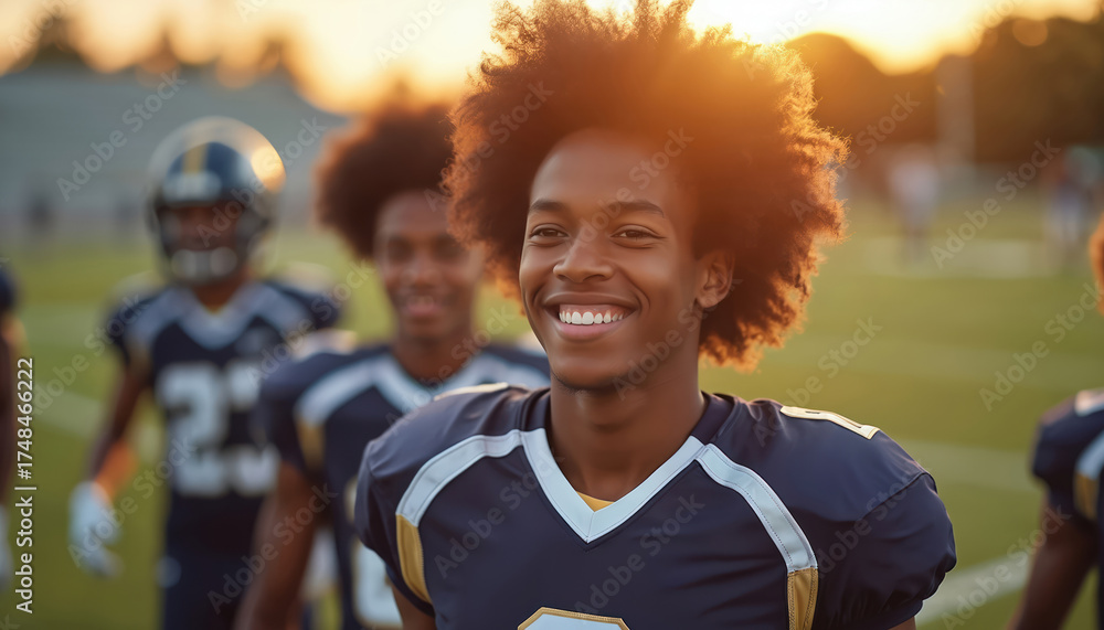 Fototapeta premium Young african american football player smiles brightly with teammates behind him on field during golden hour. He wears team uniform on grass pitch ready for game.