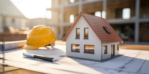 House Model, Blueprint and Construction Hard Hat