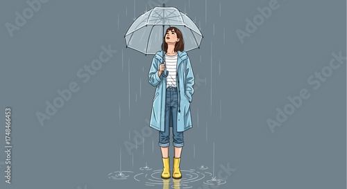 Woman Standing in Rain with Umbrella and Raincoat Looking Up