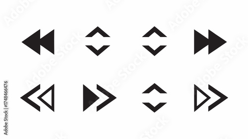 A collection of eight black arrow icons pointing in various directions on a white background surface | editable eps vectors silhouette