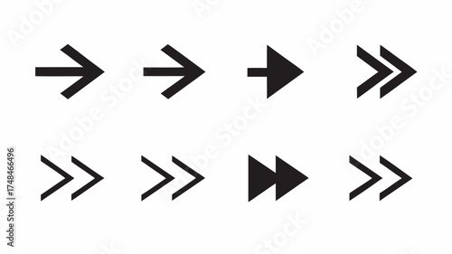 Collection of eight black arrow symbols pointing to the right direction on a white background design image | editable eps vectors silhouette