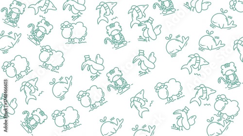 Doodle animal outlines of tigers, sheep, sharks, whales, and birds a whimsical collection suitable for childrens coloring books or educational materials.