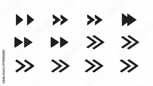 Collection of twelve forward arrow icons in various styles and thicknesses arranged in a grid pattern | editable eps vectors silhouette
