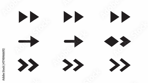 Collection of nine black arrow icons pointing right in various styles on a white background display format | editable eps vectors silhouette