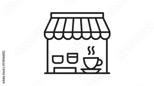 Cozy coffee shop storefront with steaming cup and awning