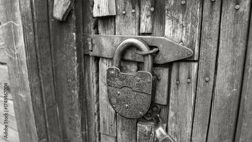 A rusty barn lock on a wooden door