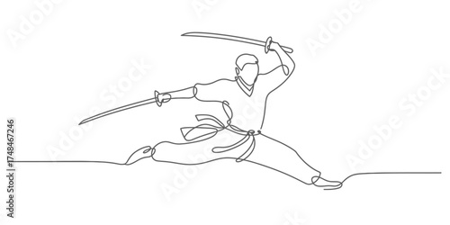 Dynamic martial artist mid-action captured in a seamless continuous line drawing art style vector