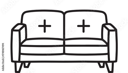Simple line drawing of a cozy two-seater sofa with decorative cross cushions.