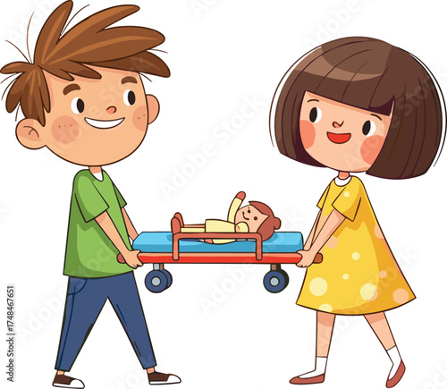 hildren carrying toy baby on stretcher, kids pretend play, rescue roleplay, teamwork, imagination, fun activity, childhood learning, playful creative game