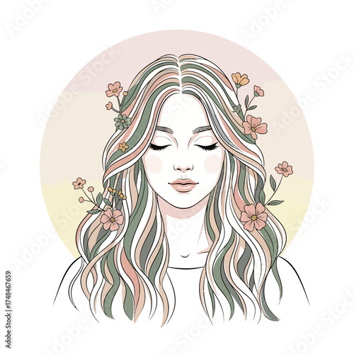 Vector illustration of a stylish woman's head and face with long flowing hair, a beauty design sketch showing glamour and fashion style
