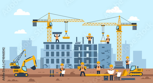 Dynamic construction site with heavy machinery and busy workers building a modern city, perfect for illustrating urban development and infrastructure projects