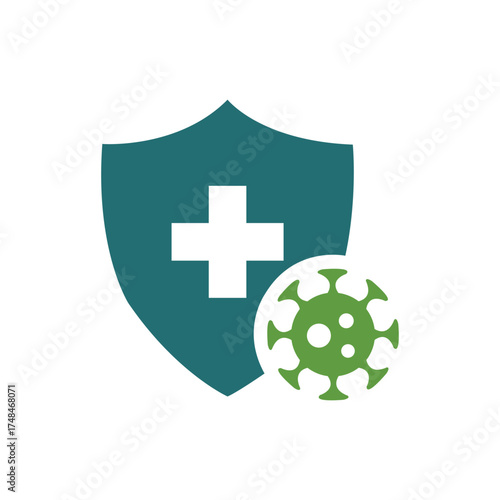 Green shield protecting against virus with a white plus sign on a white background