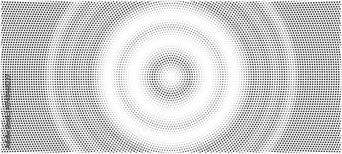 Black halftone concentric circle texture. Rippled repeating sound wave ring wallpaper. Dotted radial gradient background. Vector rasterized backdrop for vibration, epicenter, target, radar signal