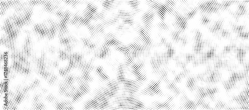Black halftone concentric circle texture. Rippled repeating sound wave ring wallpaper. Dotted radial gradient background. Vector rasterized backdrop for vibration, epicenter, target, radar signal