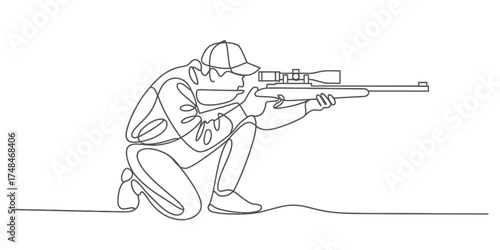 Continuous one line drawing of a crouching sniper aiming rifle art style minimalist sketch vector