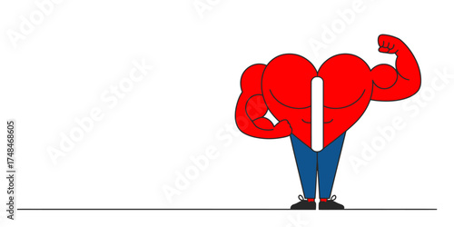 Continuous line drawing of a muscular heart character flexing its biceps vector