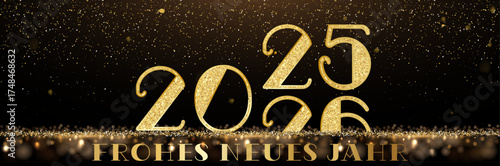 Neujahrskarte oder Banner von 2025 bis 2026 in Gold auf schwarzem Hintergrund mit Glitzer und goldenen Bokeh-Kreisen