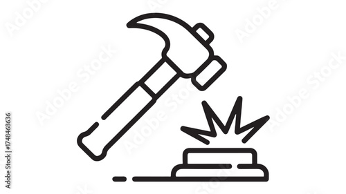 Hammer striking a button, symbolizing action, decision, or starting something new.