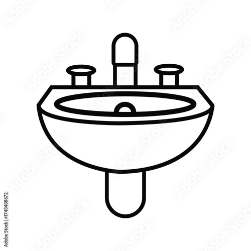Simple black outline shows a modern bathroom sink fixture on a white background
